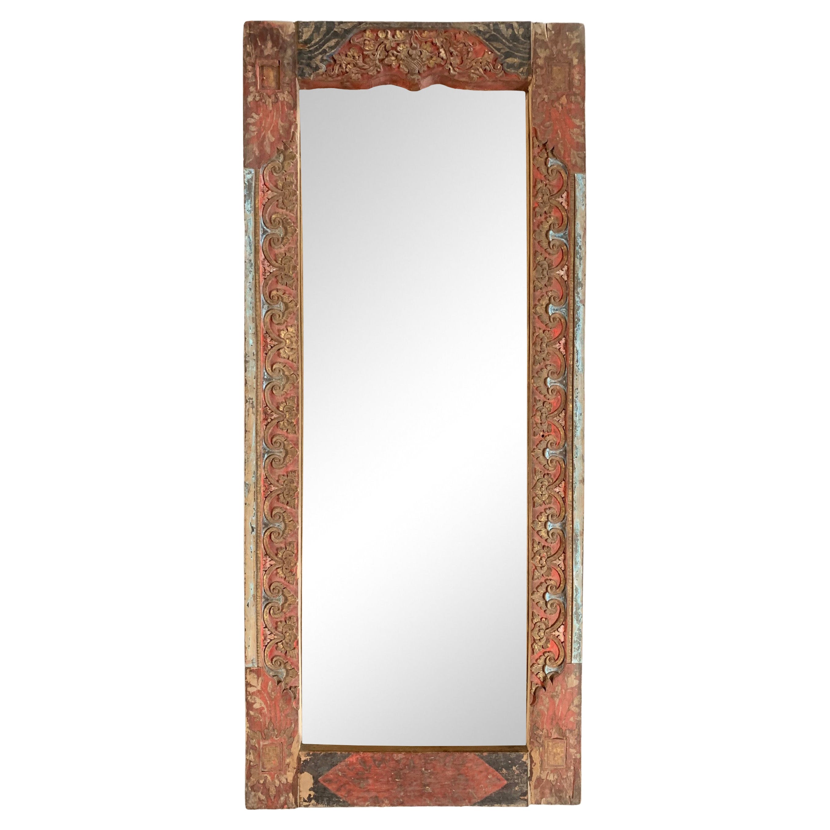 Vintage Balinese Hand-Carved, Polychromed Mirror, c. 1950