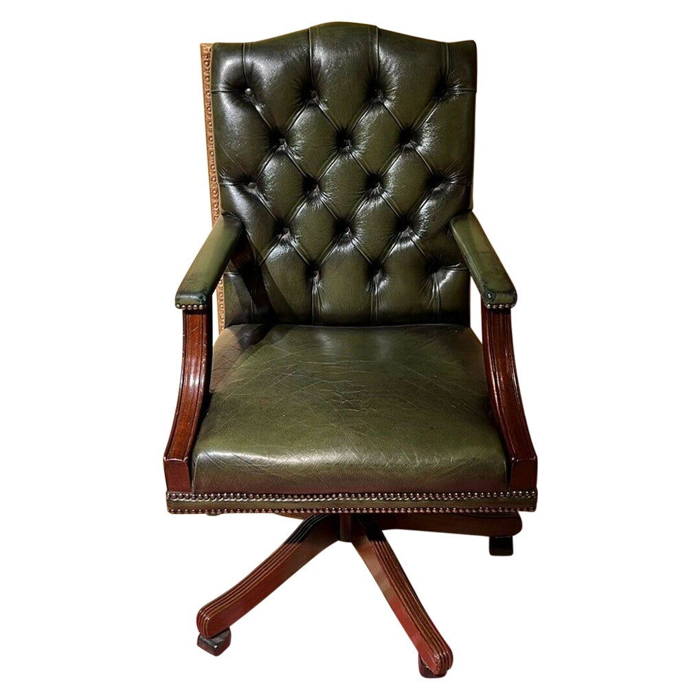 Chesterfield Vintage Captain's Office Chair in Green Leather For Sale