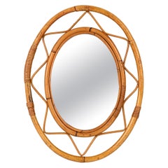 Midcentury Oval Italian Mirror with Double Bamboo Weaved Wicker Frame, 1960s