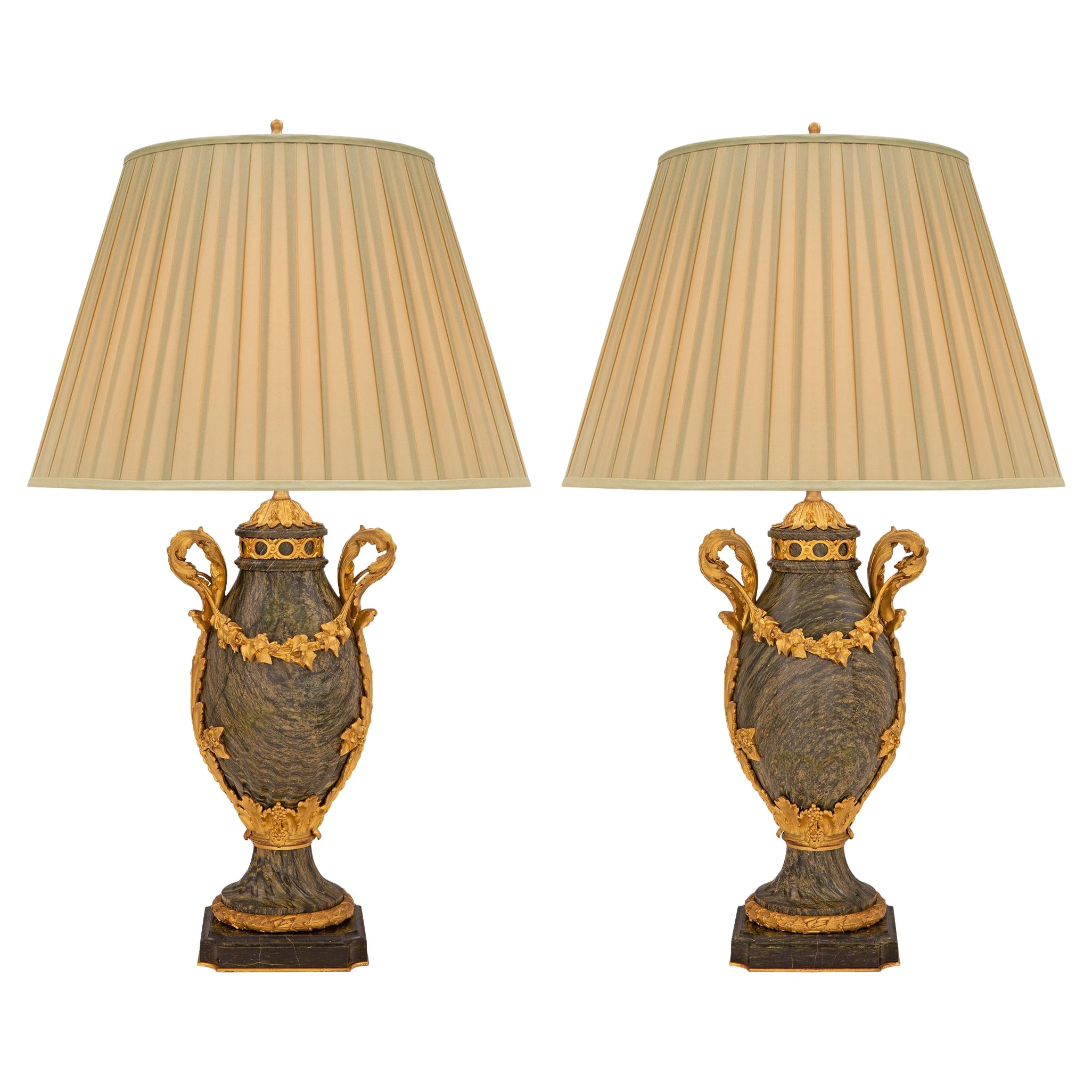 Pair of French 19th Century Louis XVI St. Marble and Ormolu Table Lamps For Sale