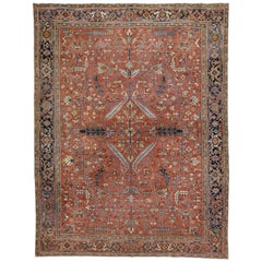 Antique Persian Heriz Handmade Geometric Allover Wool Rug With Orange-Rust Color