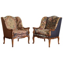 Pair French Rococo Style Carved Walnut & Needlepoint Upholstered Bergeres 20th C