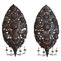 Pair Italian Baroque Large Copper and Iron 4-Light Wall Sconces, 17th/  18th Cen