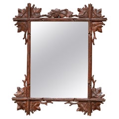 Antique Black Forest Turn of the Century Mirror with Hand-Carved Oak Leaves and Viola