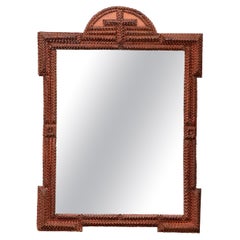 French Turn of the Century Tramp Art Mirror with Arching Crest and Cross Motif