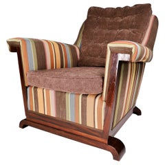 Large Monumental Art Deco Armchair in Walnut and Re-Upholstered Fabric, France