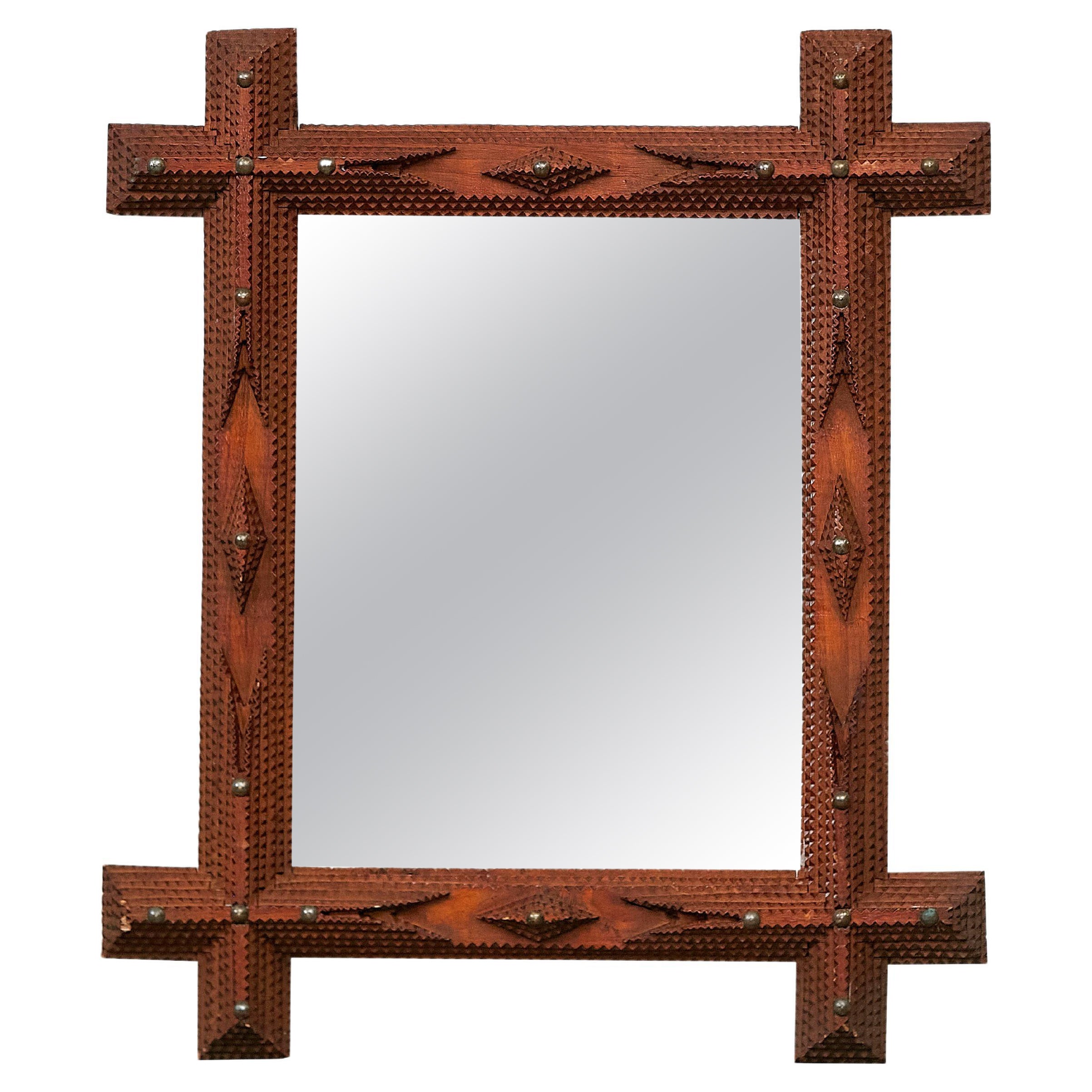 French 1900s Tramp Art Mirror with Brass Nailheads and Protruding Corners For Sale