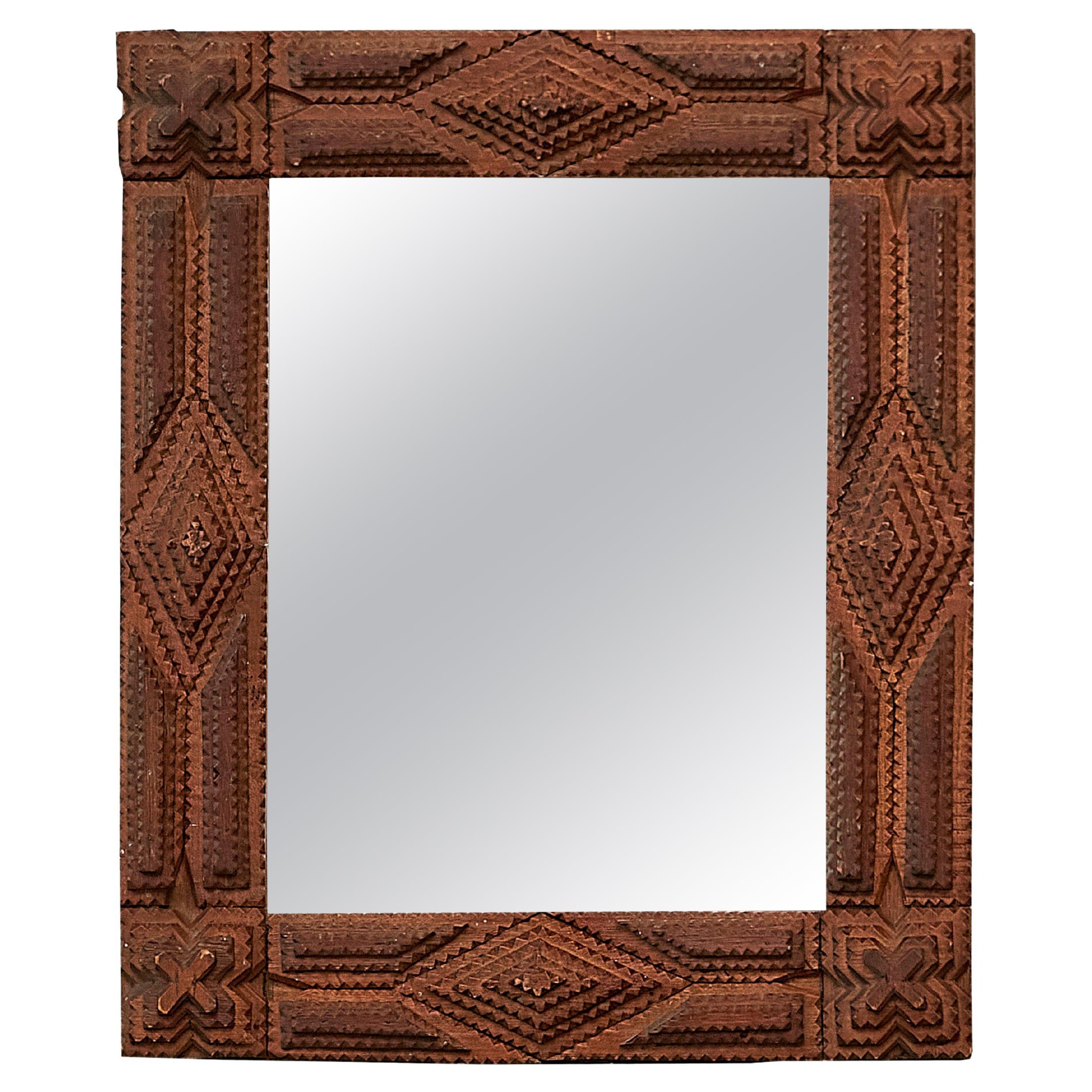 French 1900s Hand Carved Tramp Art Mirror with Raised Diamond Motifs For Sale