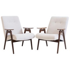 Pair of Italian Modern Beech Armchairs with Light Fabric Upholstery