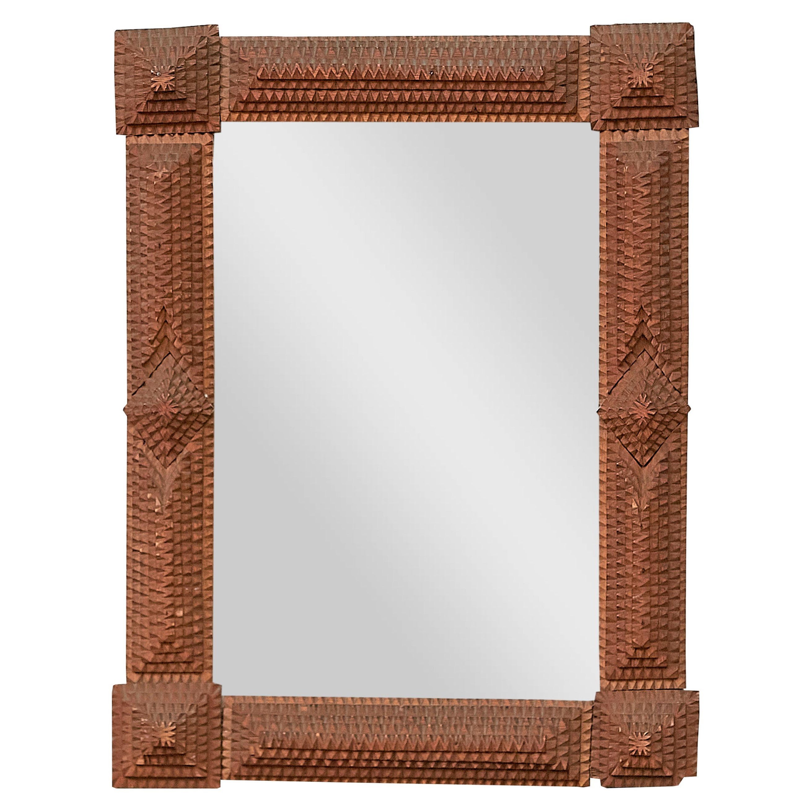French Turn of the Century Hand Carved Wood Tramp Art Mirror with Brown Patina For Sale