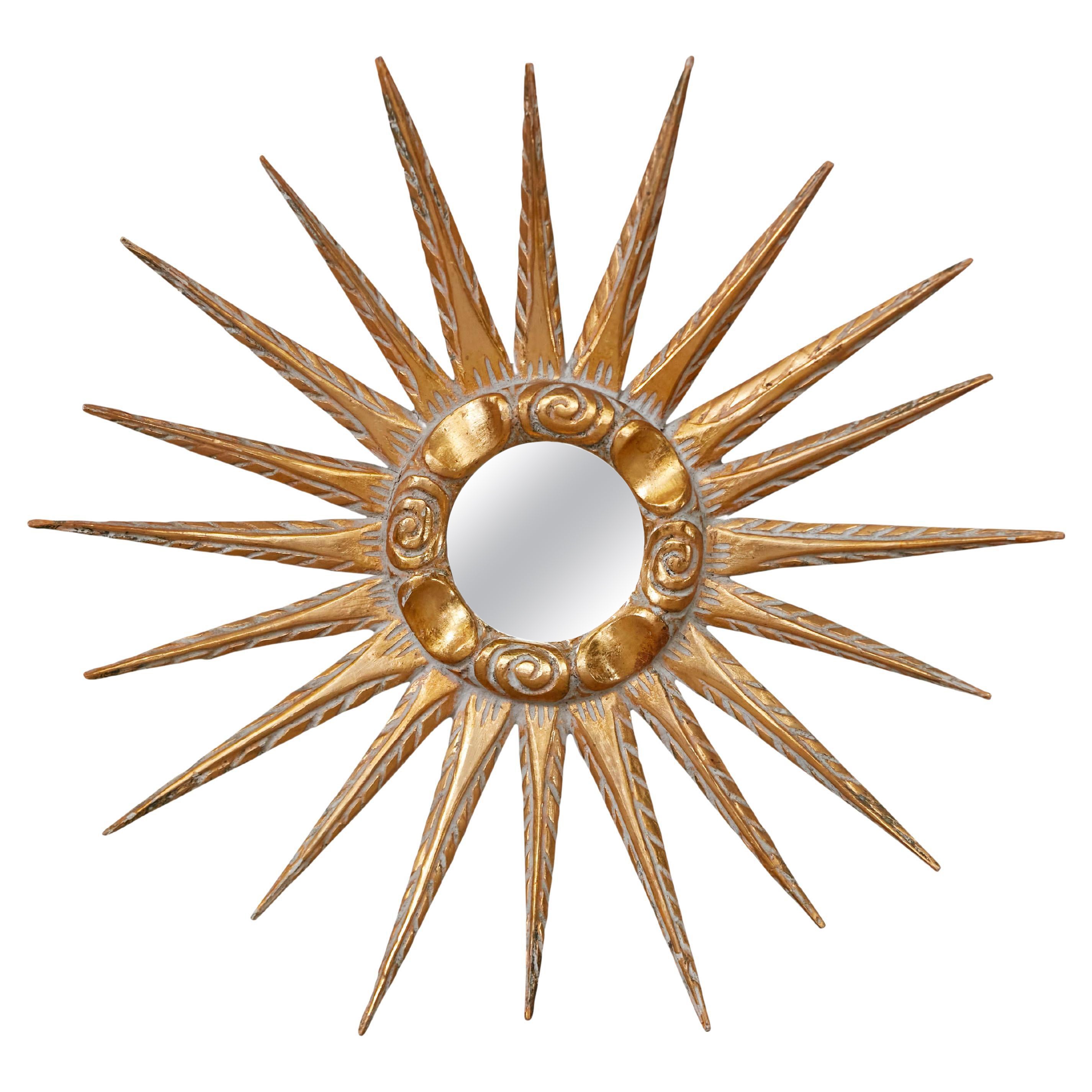 Midcentury French Giltwood Sunburst Mirror with Cloudy Frame, circa 1950