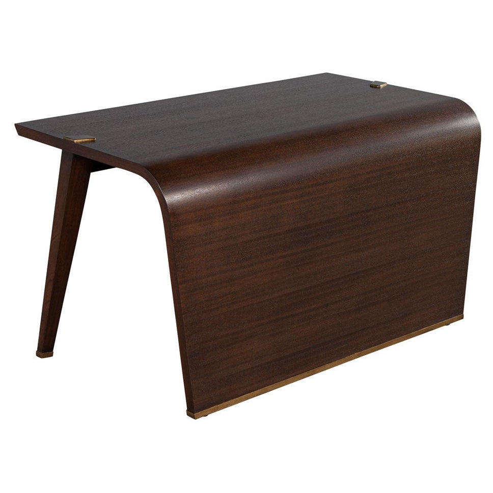 Modern Waterfall Desk in Dark Walnut Finish with Painted Brass Accents For Sale