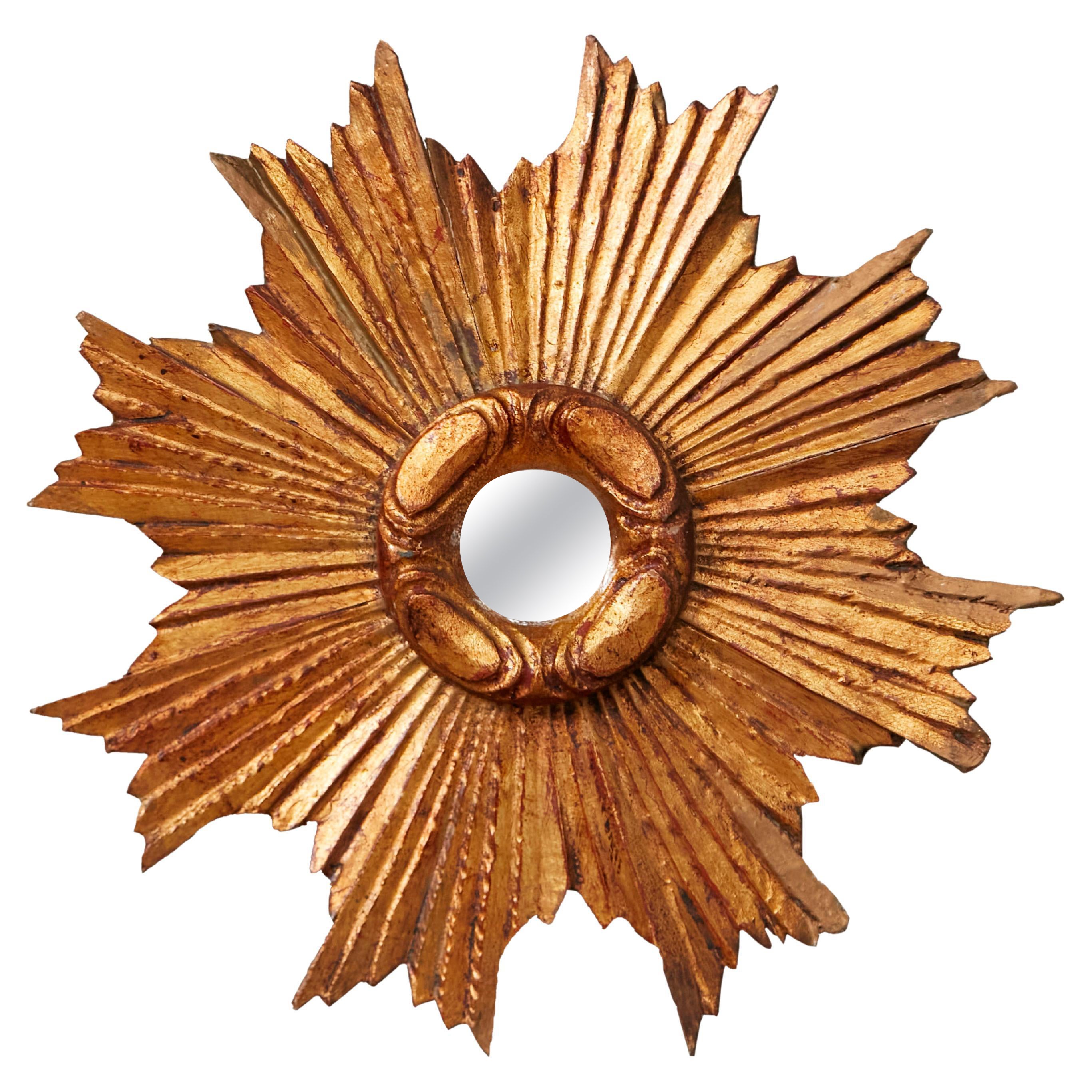 French Carved Giltwood Sunburst Mirror with Cloudy Frame, circa 1930-1940