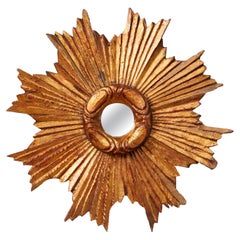 Antique French Carved Giltwood Sunburst Mirror with Cloudy Frame, circa 1930-1940