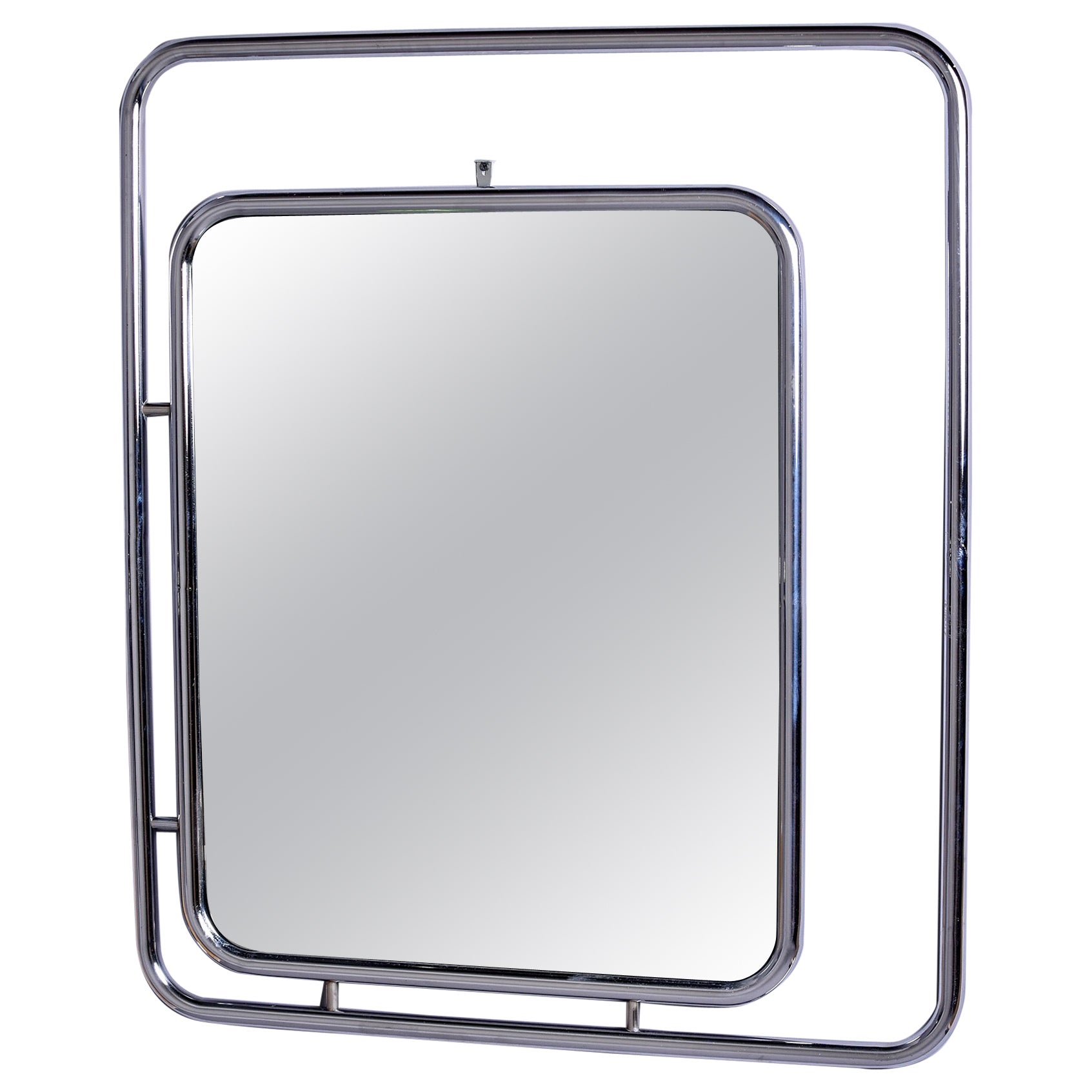 Italian Mid Century Chrome Trimmed Square Mirror Within Chrome Frame For Sale