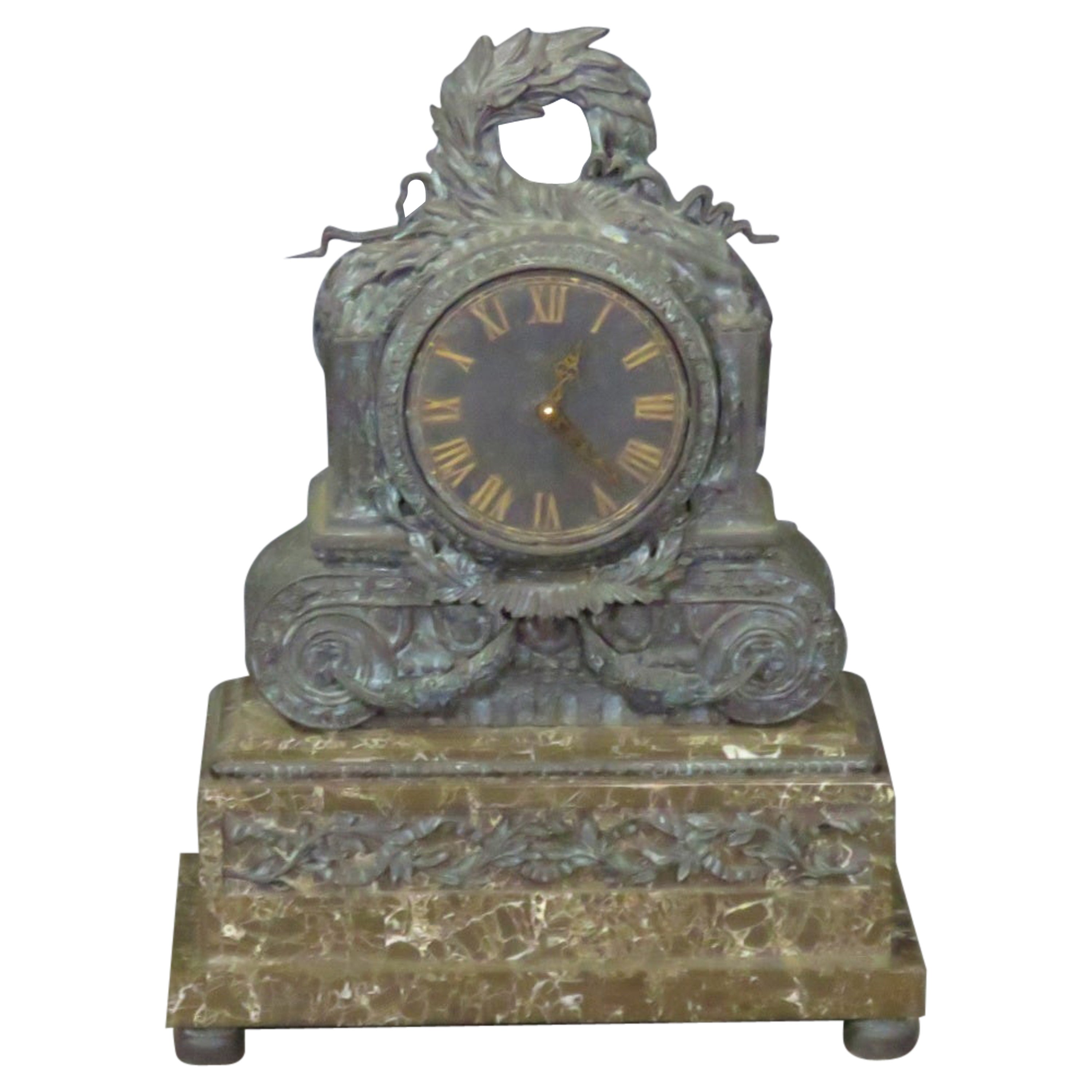 Large Heavy Bronze and Marble French Mantle Clock, circa 1900