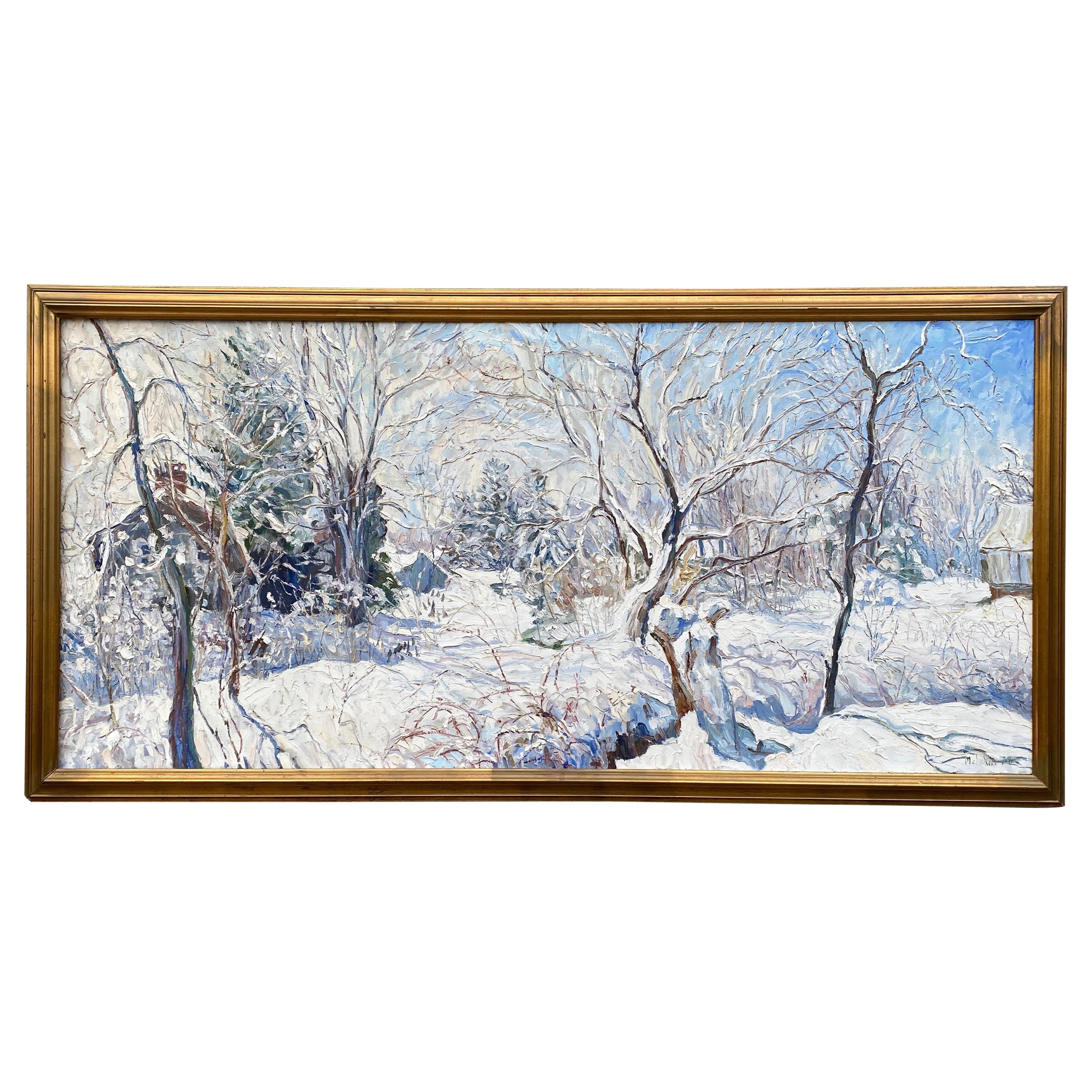 Large Impressionist Painting of a Winter Scene Northeast USA, Hopewell NJ