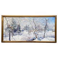Retro Large Impressionist Painting of a Winter Scene Northeast USA, Hopewell NJ