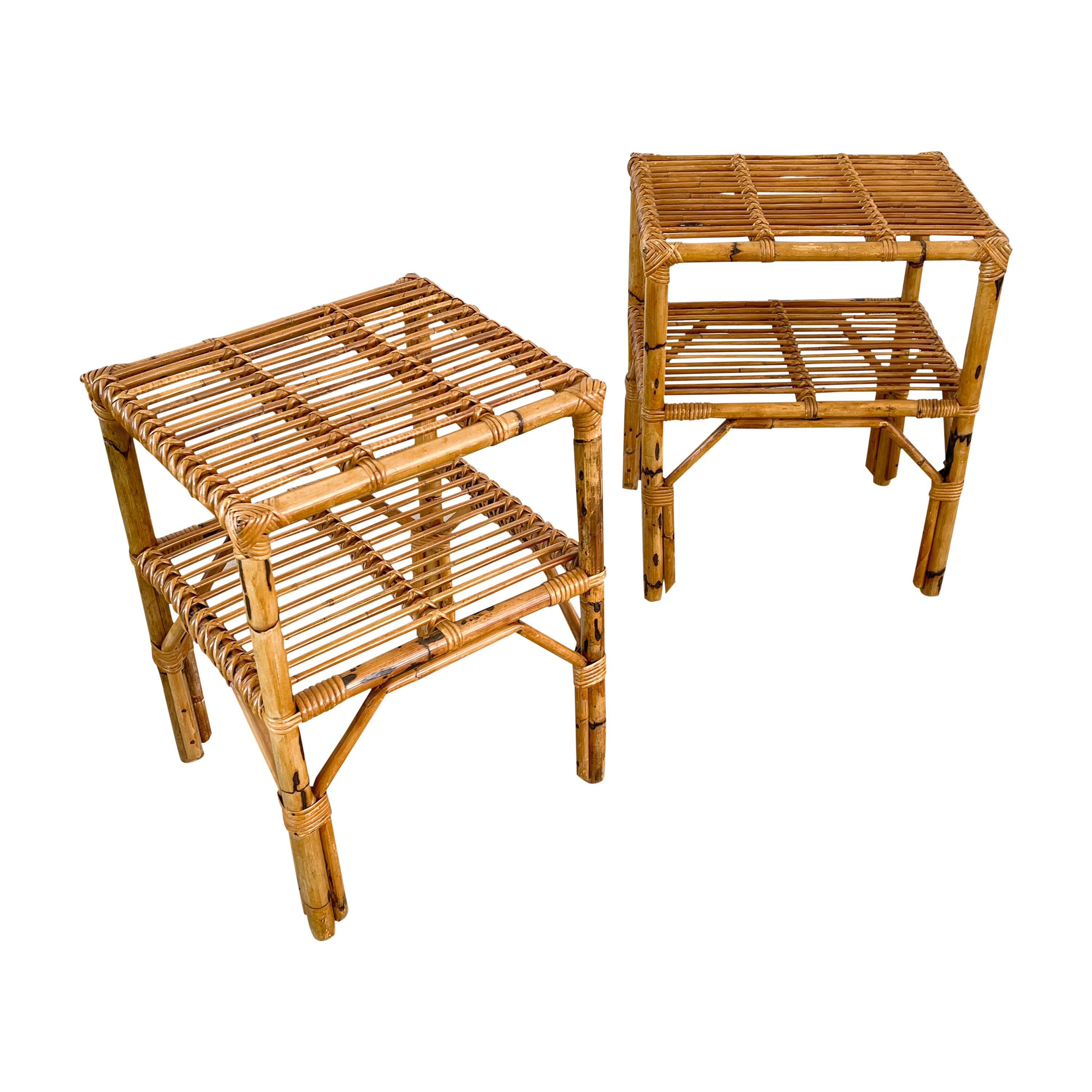 1950's Italian bamboo nightstands with shelf - 
Simple and functional design with wonderful patina.