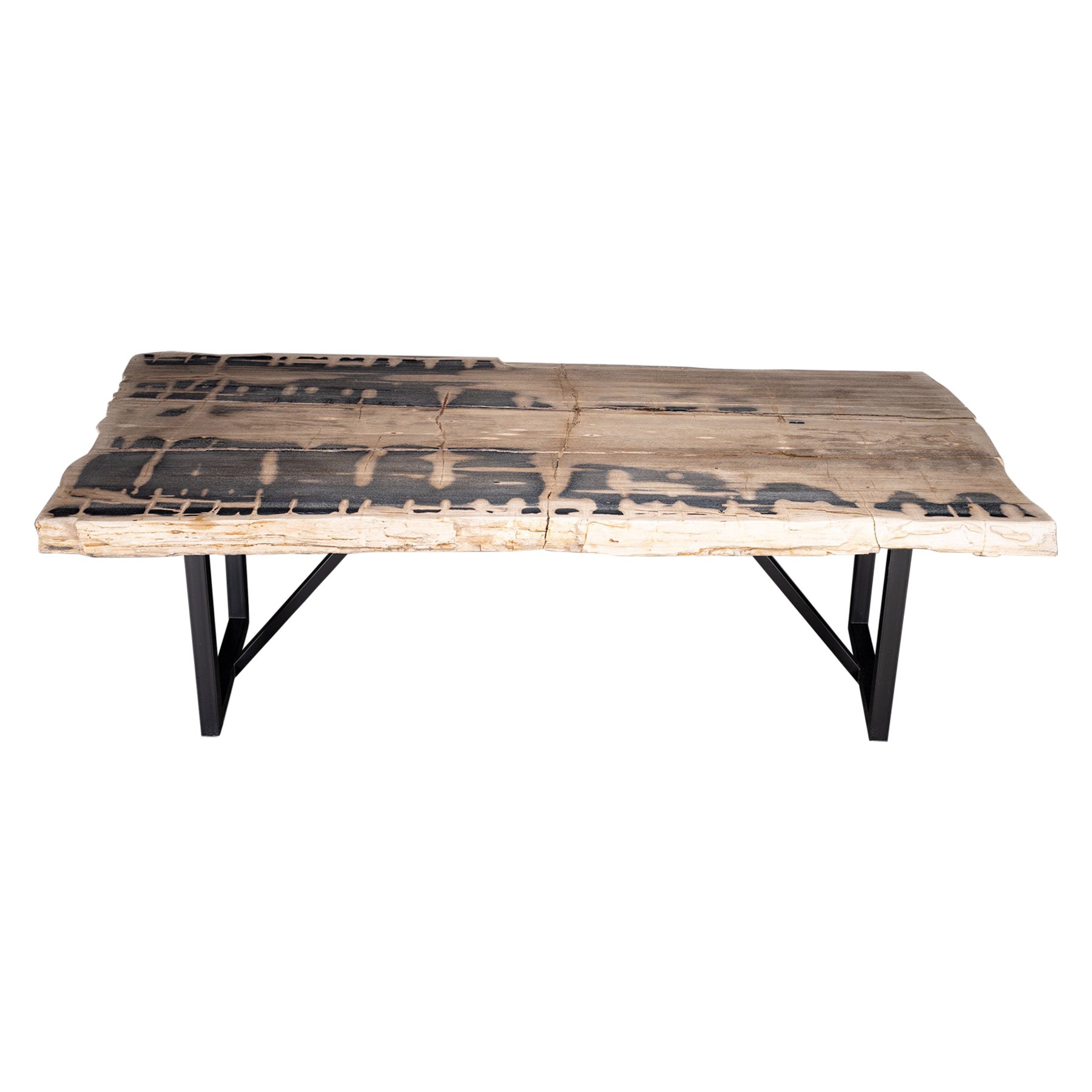 Table de salle à manger rectangulaire en bois pétrifié avec base en métal en vente