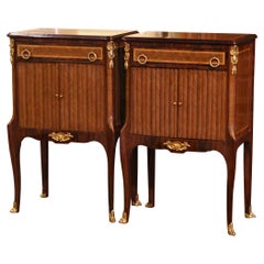 Pair of 19th Century French Louis XV Walnut Parquetry "Tambour" Nightstands 