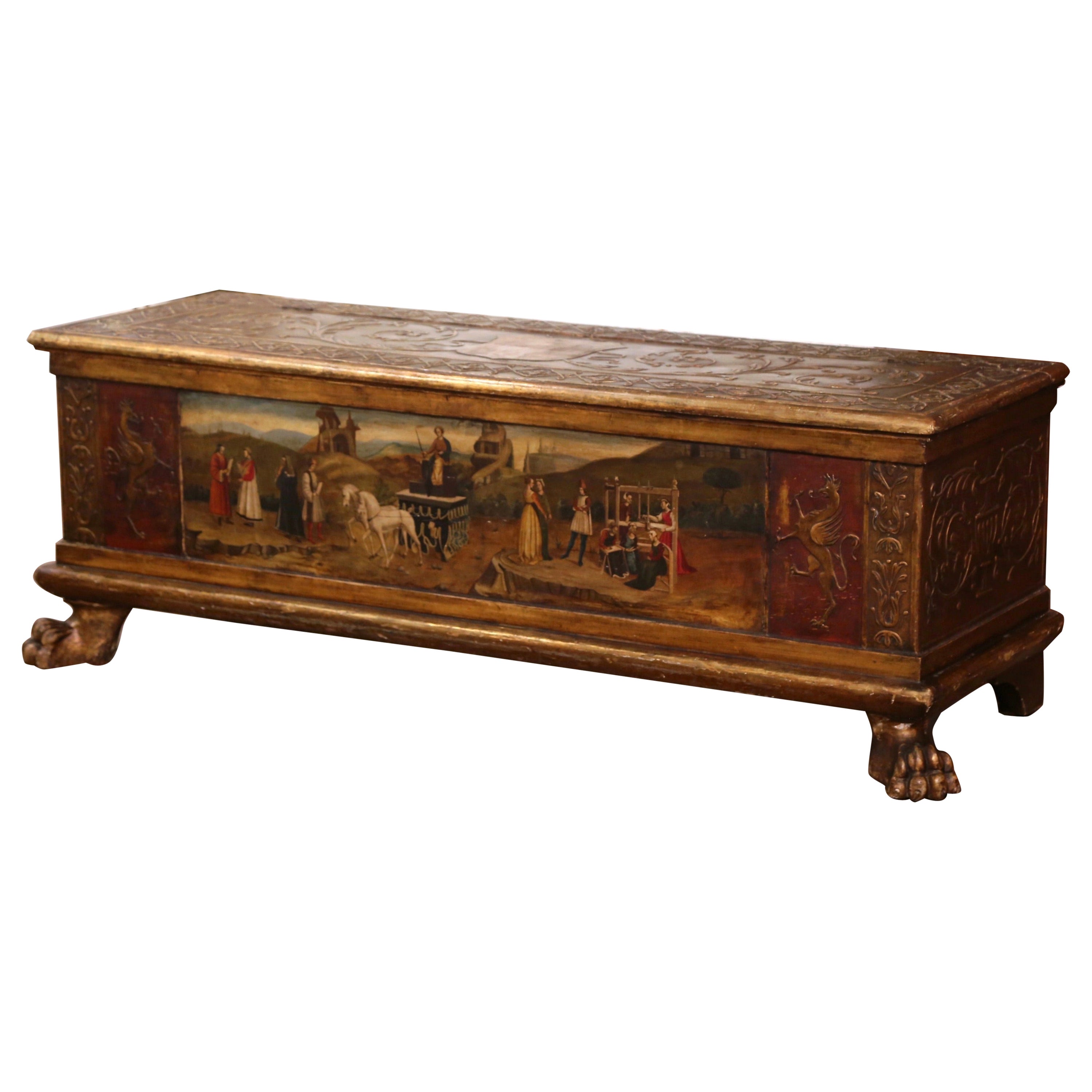 Mid-18th Century Italian Carved Giltwood and Polychrome Painted Cassone Trunk For Sale