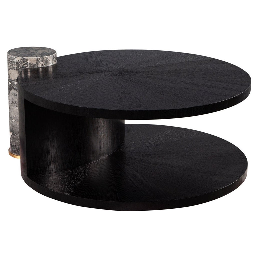 Round Sunburst Oak Marble Pedestal Black Cocktail Coffee Table