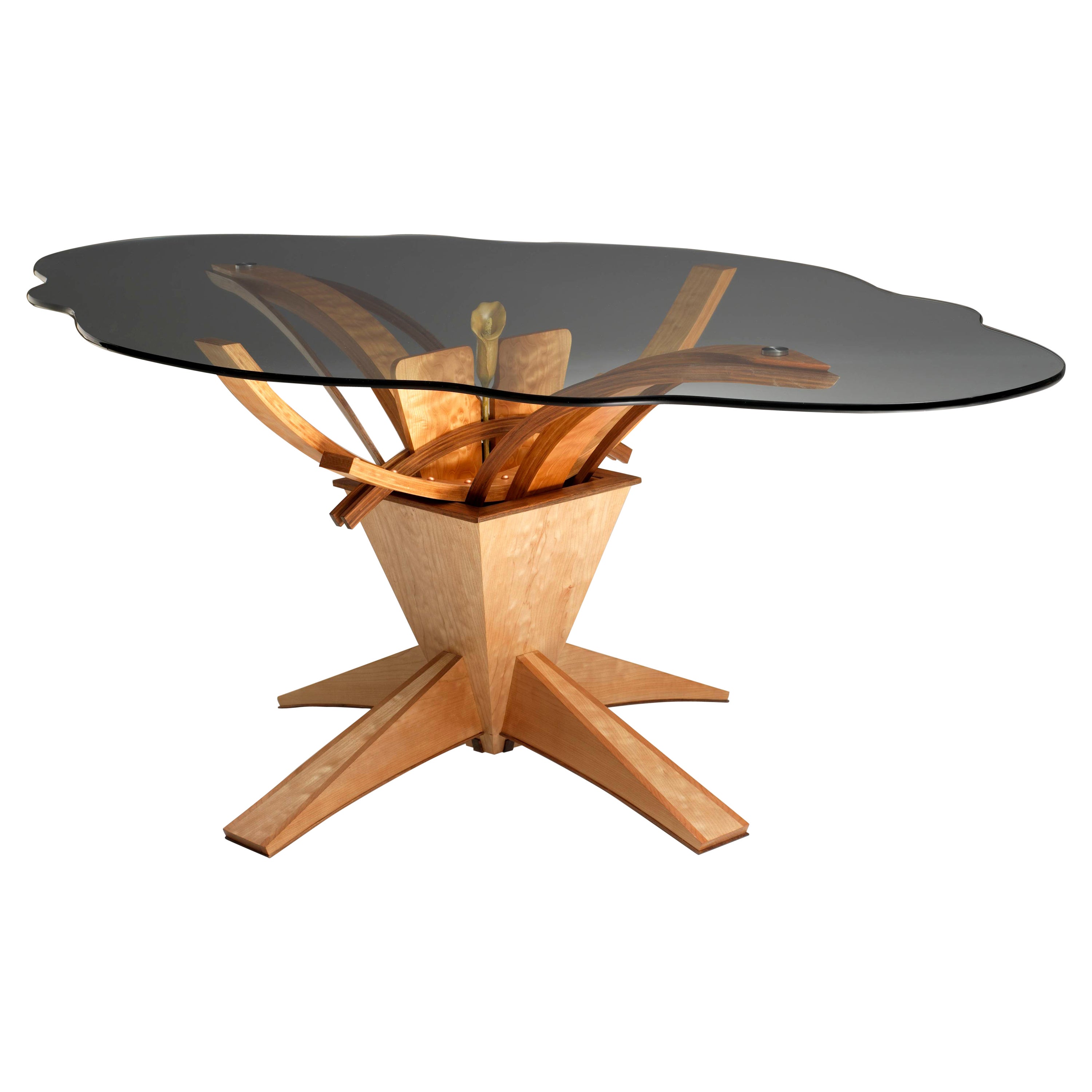 Ikebana Inspired Calla Lily Dining Table; Made with Maple, Walnut, Glass Top For Sale
