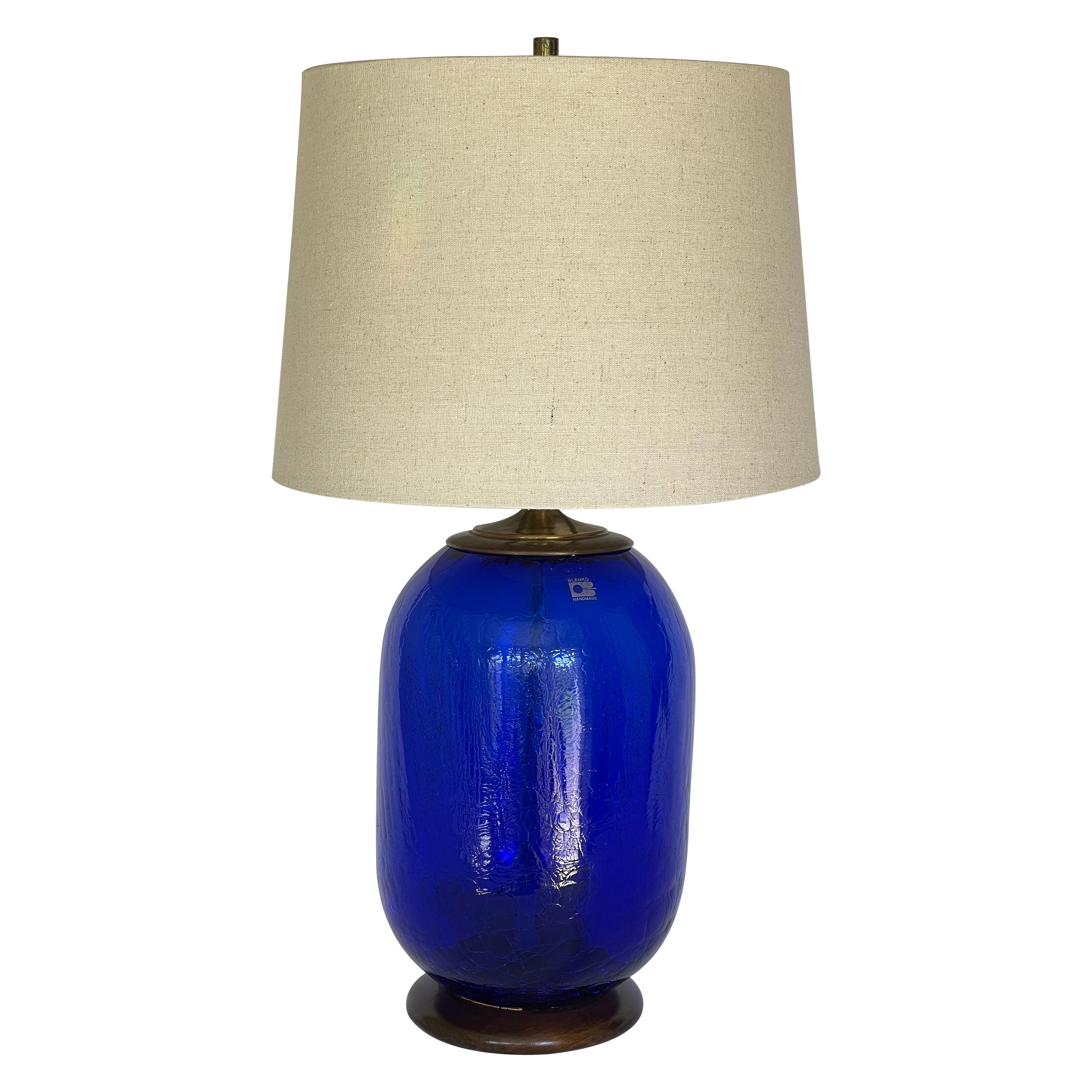 Blenko Signed Blue Crackled Glass Barrel Lamp For Sale
