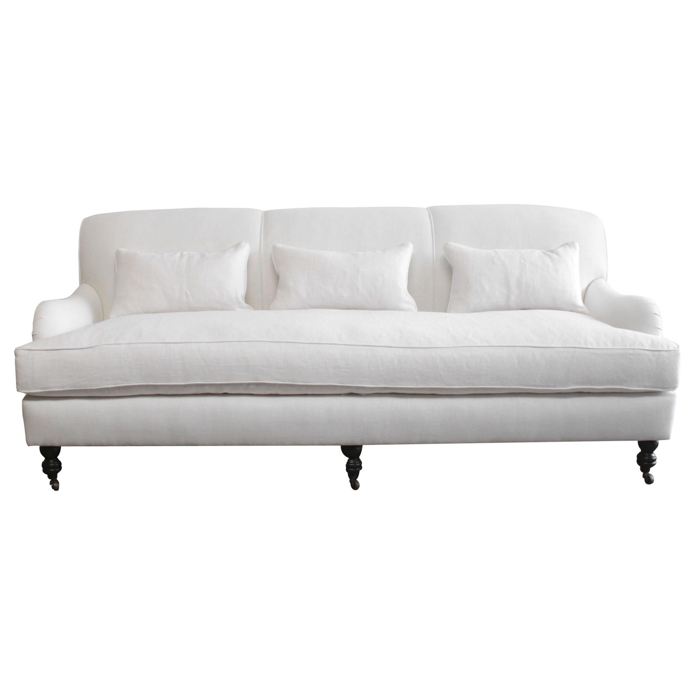 Custom Made White Linen English Arm Rolled Back Sofa with Casters For Sale