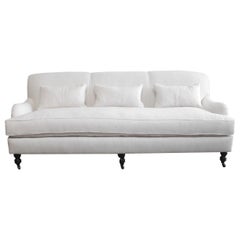 Custom Made White Linen English Arm Rolled Back Sofa with Casters