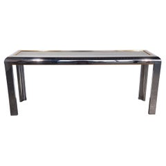 1970s Chrome and Brass Console Table with Smoky Glass Milo Baughman