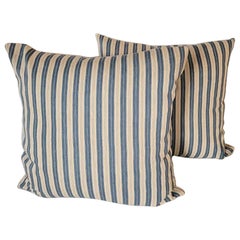 Pair of Vintage Blue and White Ticking Pillows