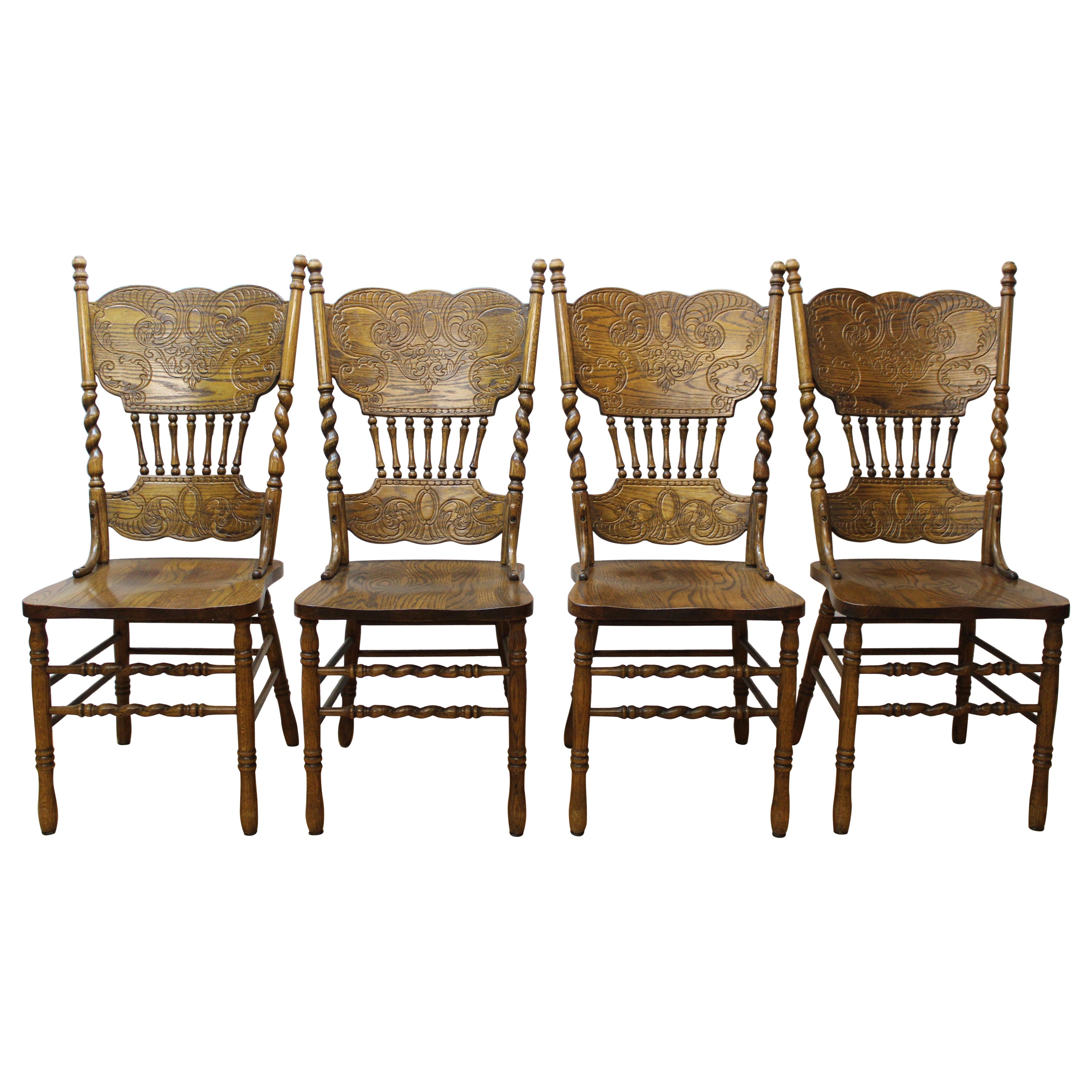 Carved Oak Side Chairs w/ Barley Twist Carving 'Set of 4' For Sale