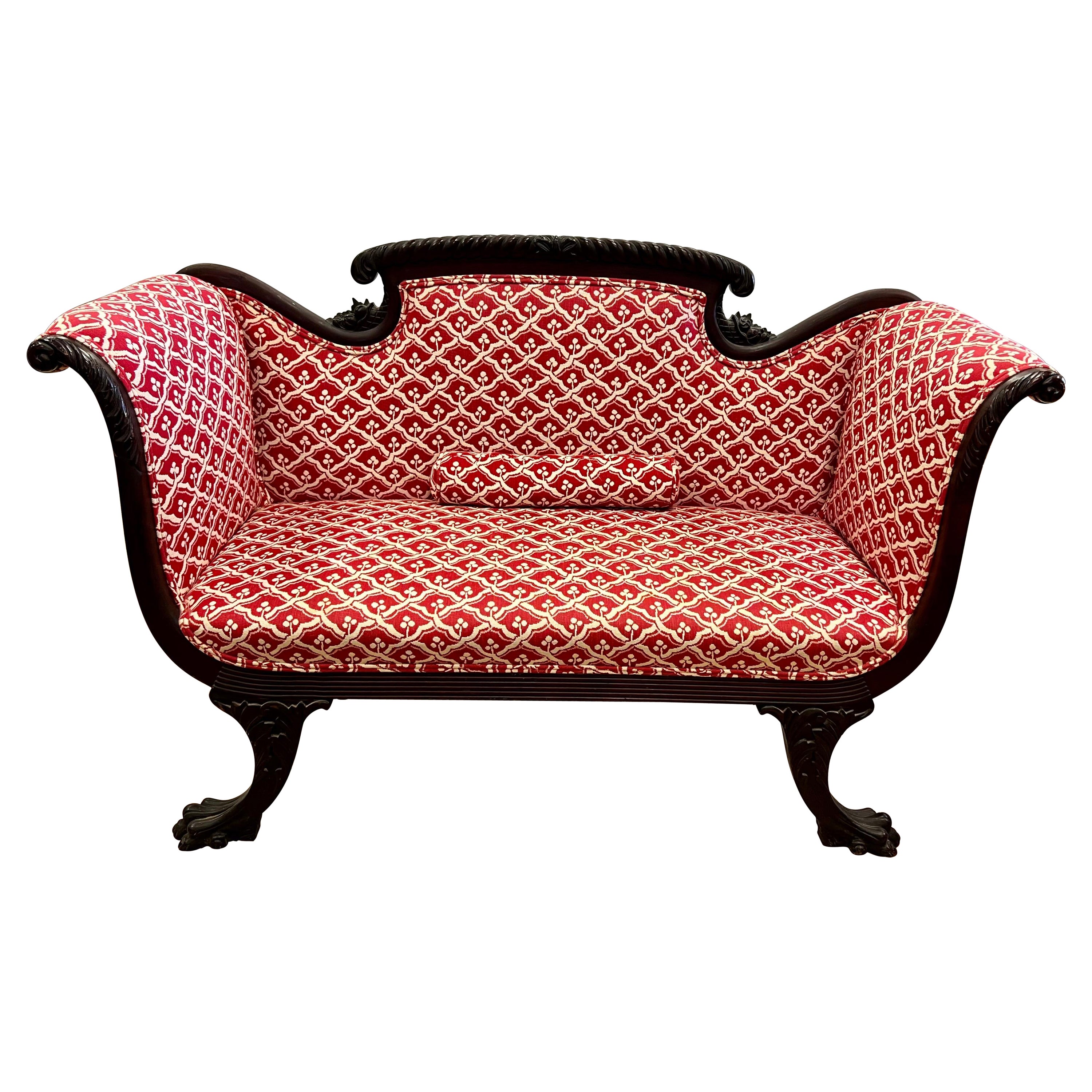 Antique Carved Mahogany Settee Loveseat With Red White Upholstery