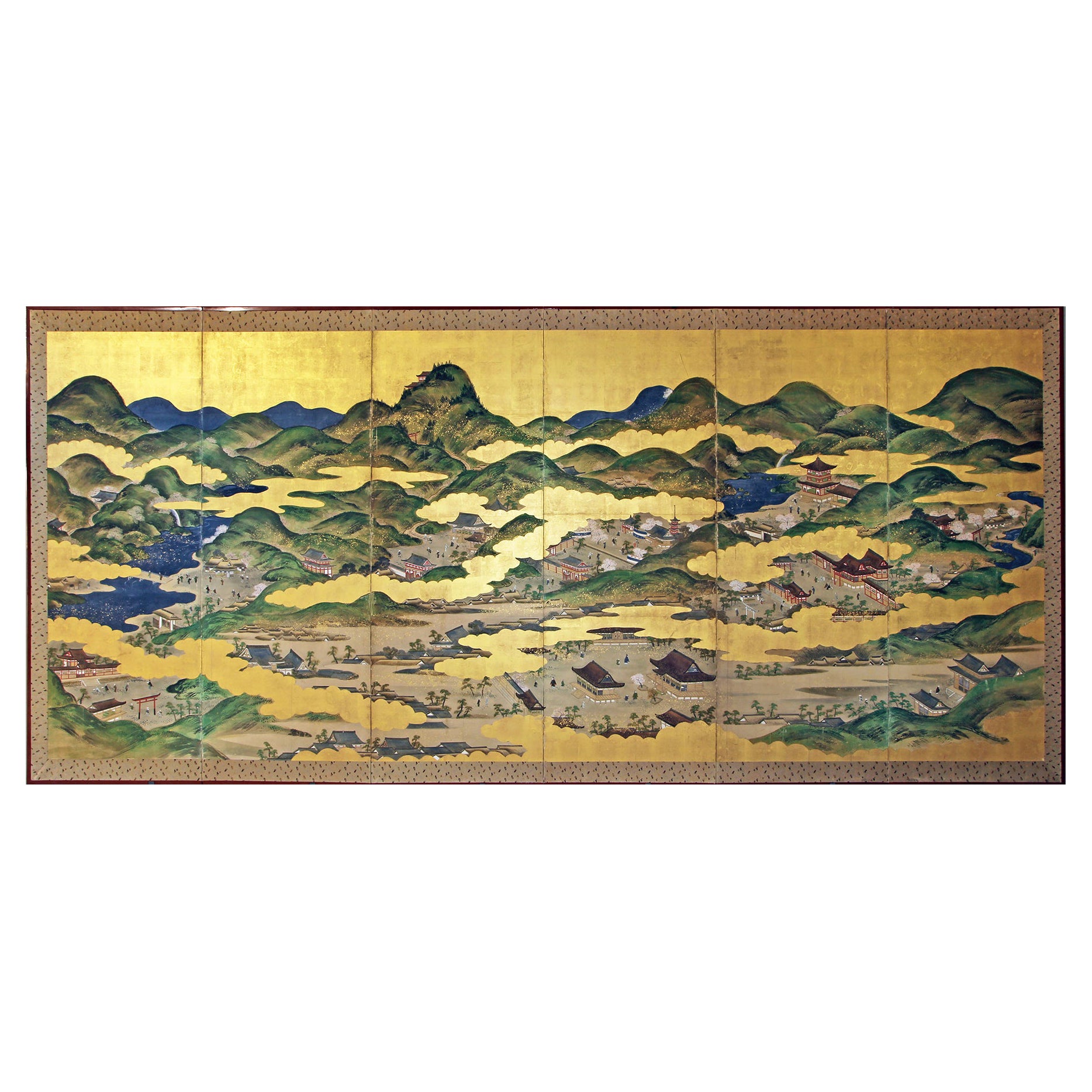 Tosa School, Japanese Folding Screen Kyoto Old Town Landscape