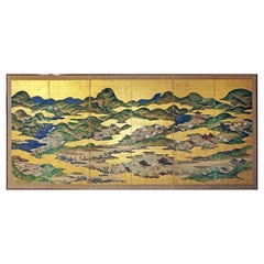 Used Tosa School, Japanese Folding Screen Kyoto Old Town Landscape