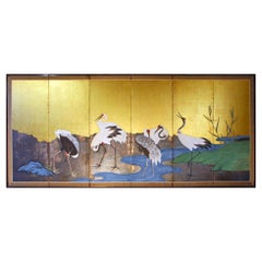 Used Japanese Screen with Landscape in Gold Leaf
