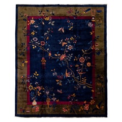 Navy-Blue Antique Art Deco Chinese Handmade Wool Rug with Floral Design