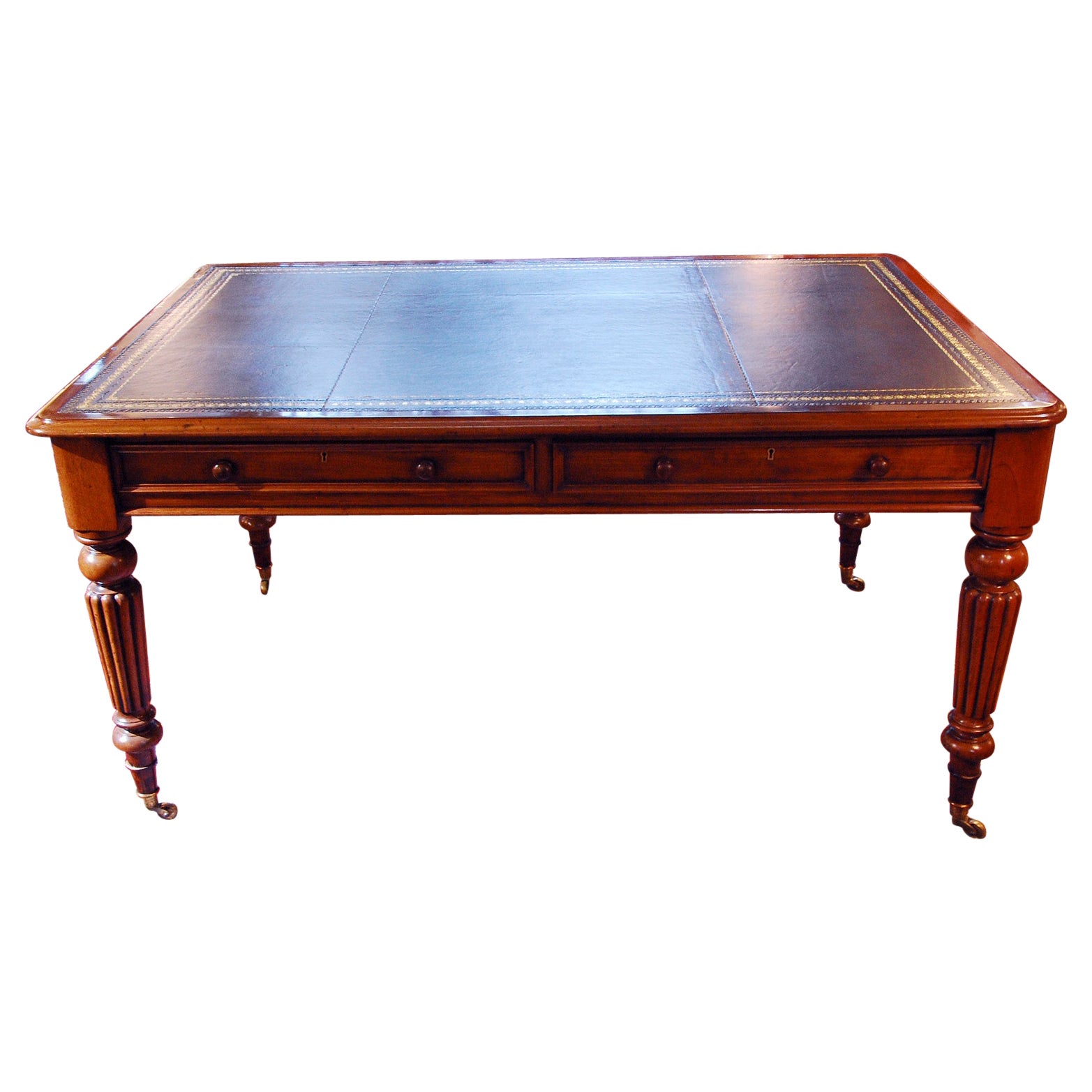 English Mid 19th Century Executive Writing Table, Reeded Legs Black Leather Top