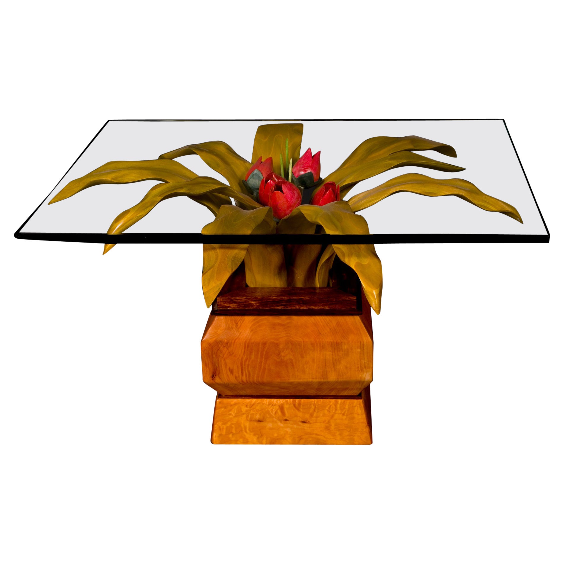 Carved Red Tulip Coffee Table; Square; Glass Top For Sale