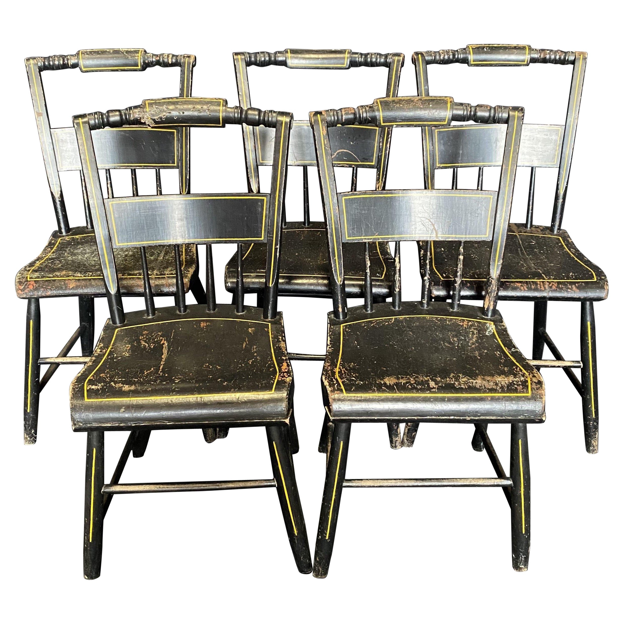 Set of Five 19th Century Plank Seated Dining Chairs with Original Black Paint For Sale