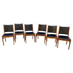 Set of 6 Solid Teak and Black Leather Dining Chairs