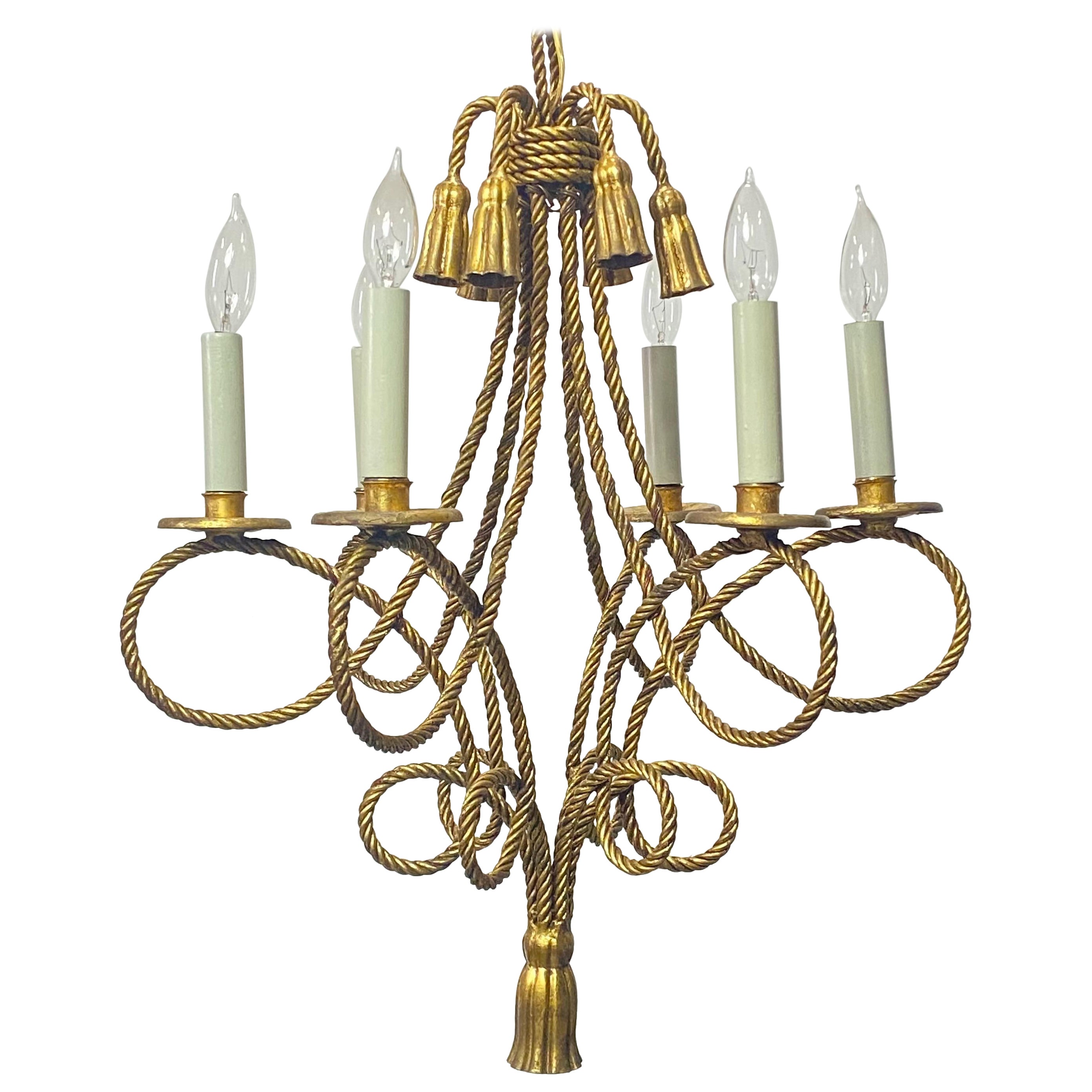 Italian Hollywood Regency Style Twisted Rope and Tassel Chandelier For Sale
