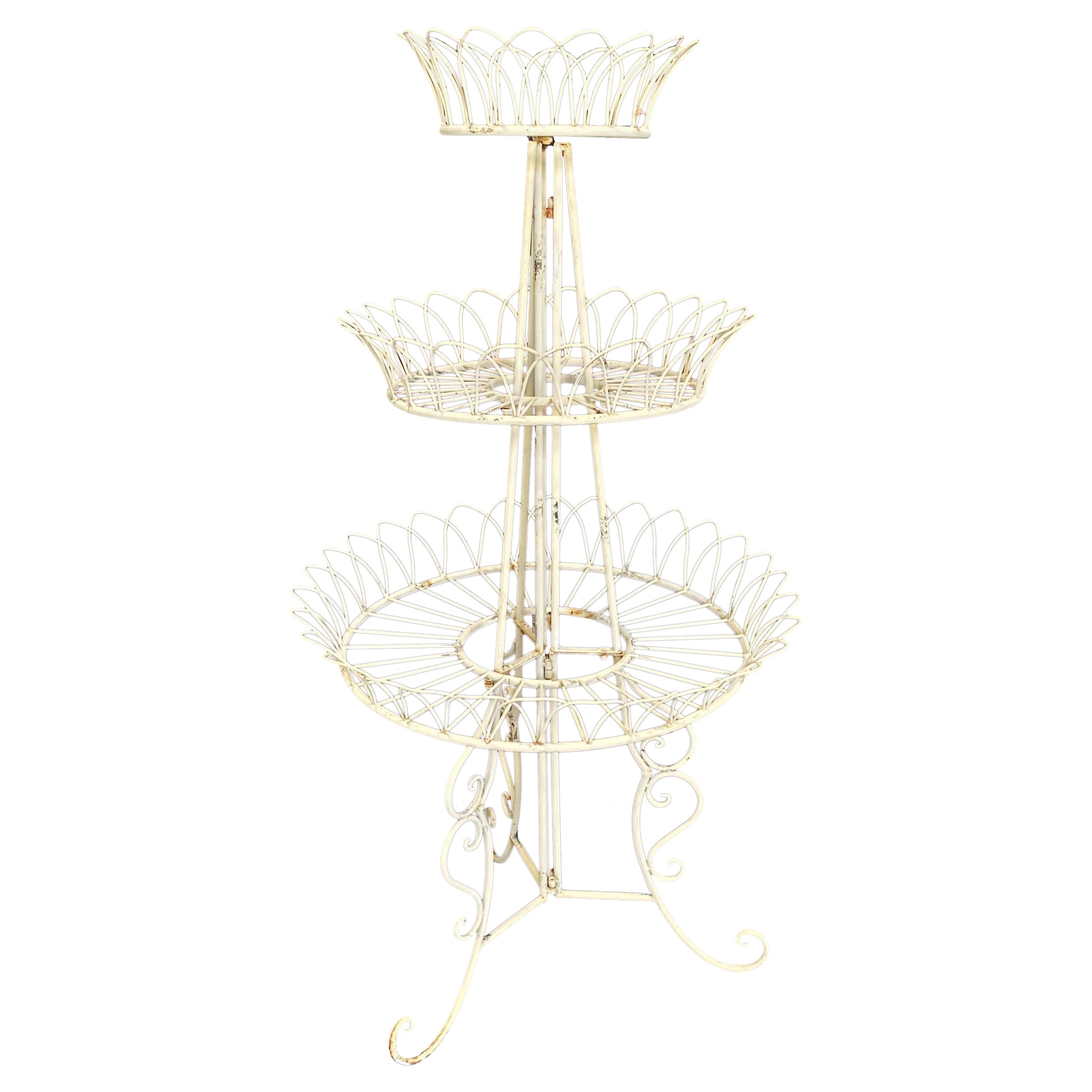 Romantic French Round Three Tier Painted Iron Wire Plant Stand