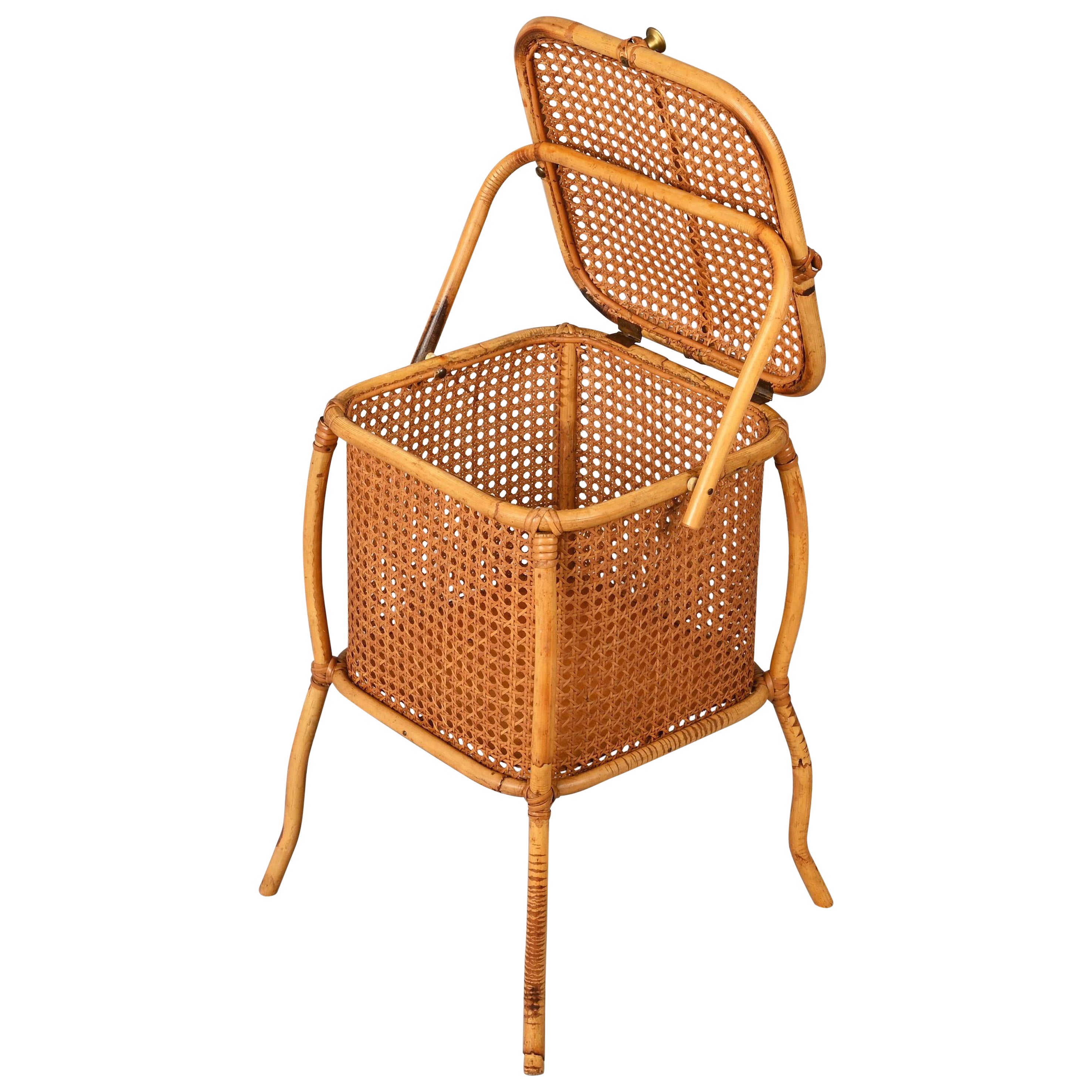 Midcentury Bamboo, Wicker and Vienna Straw Cubic Italian Magazine Basket, 1960s For Sale