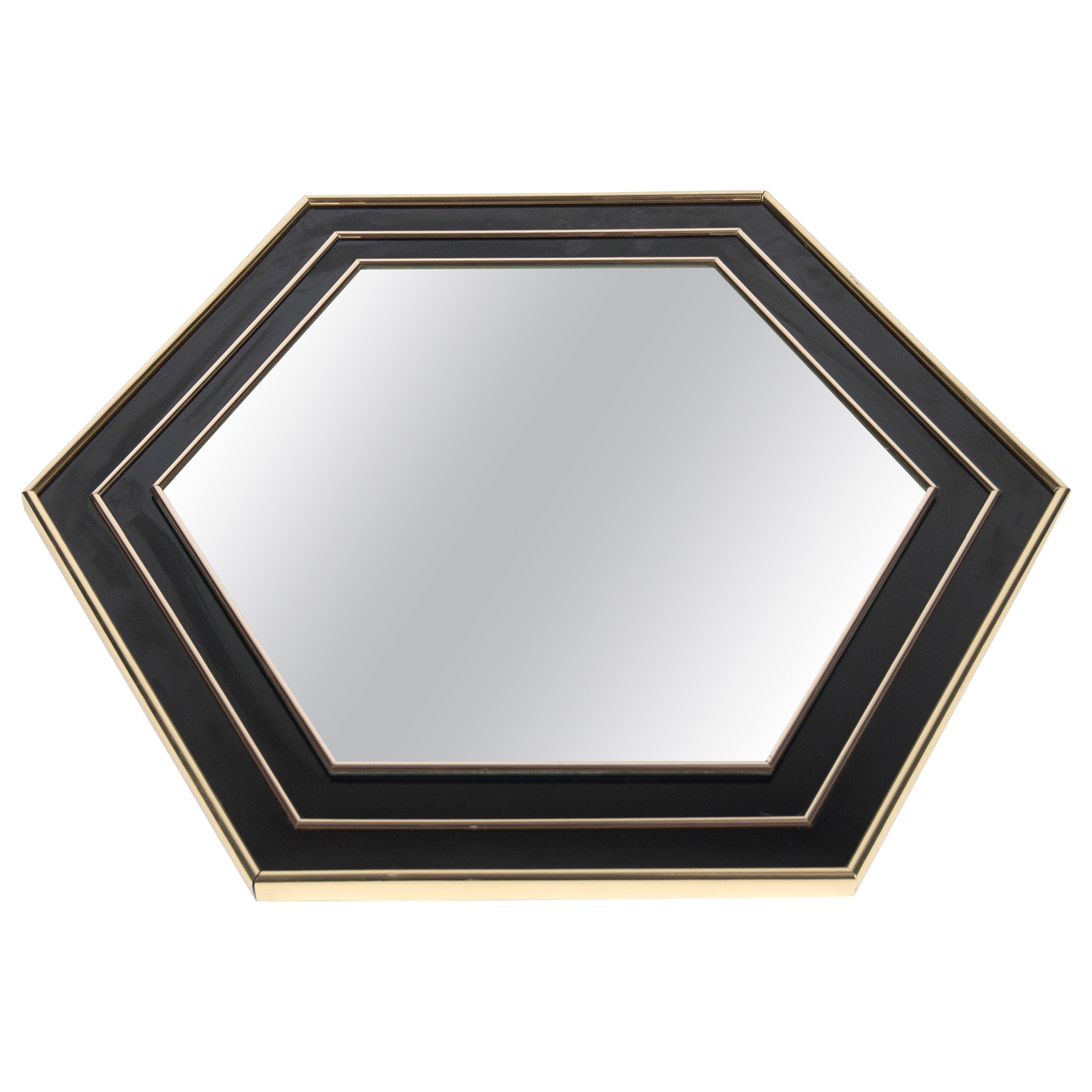 Miroir vintage Hegaxonal plaqué or et laqué noir de Jean Claude Mahey en vente
