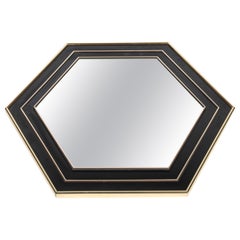 Vintage Hegaxonal Gold-Plated & Black Lacquered Mirror by Jean Claude Mahey