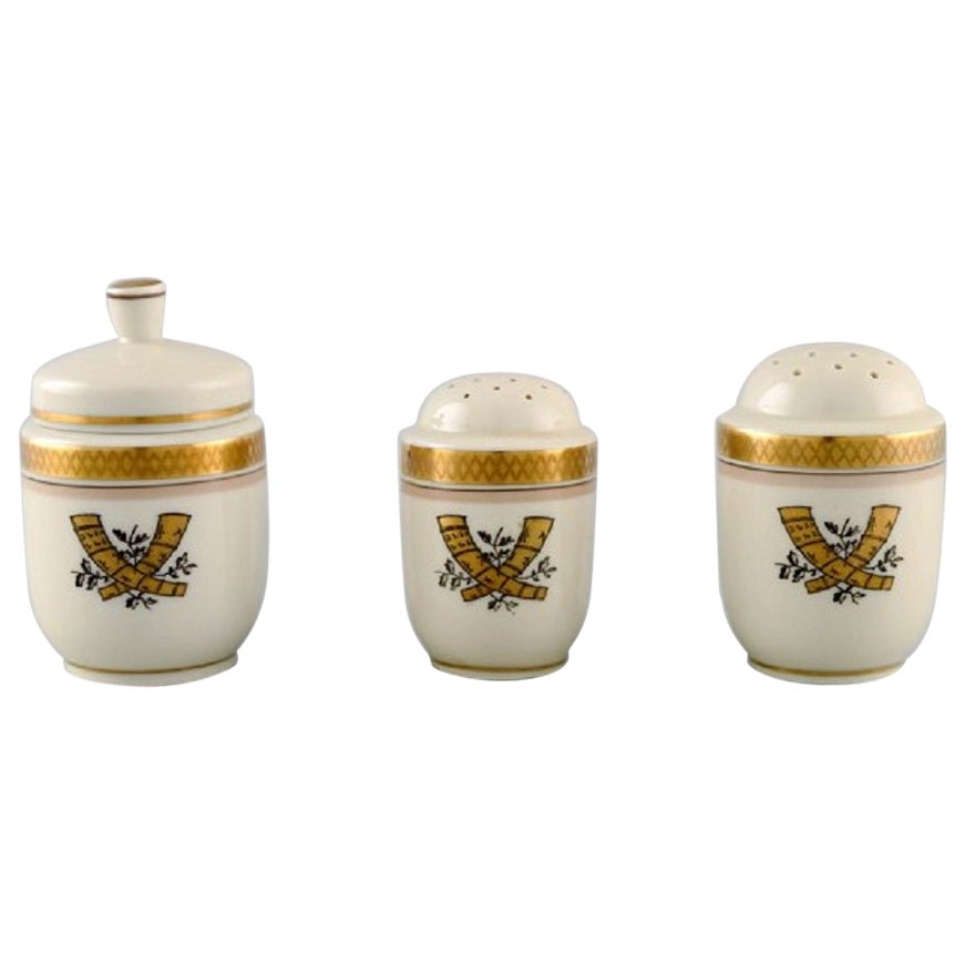 Royal Copenhagen Golden Horns, Mustard Jar, Salt and Pepper Shaker, 1960s