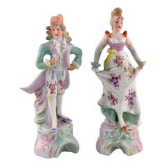 Two German Antique Porcelain Figurines, Rococo Couple, 19th Century